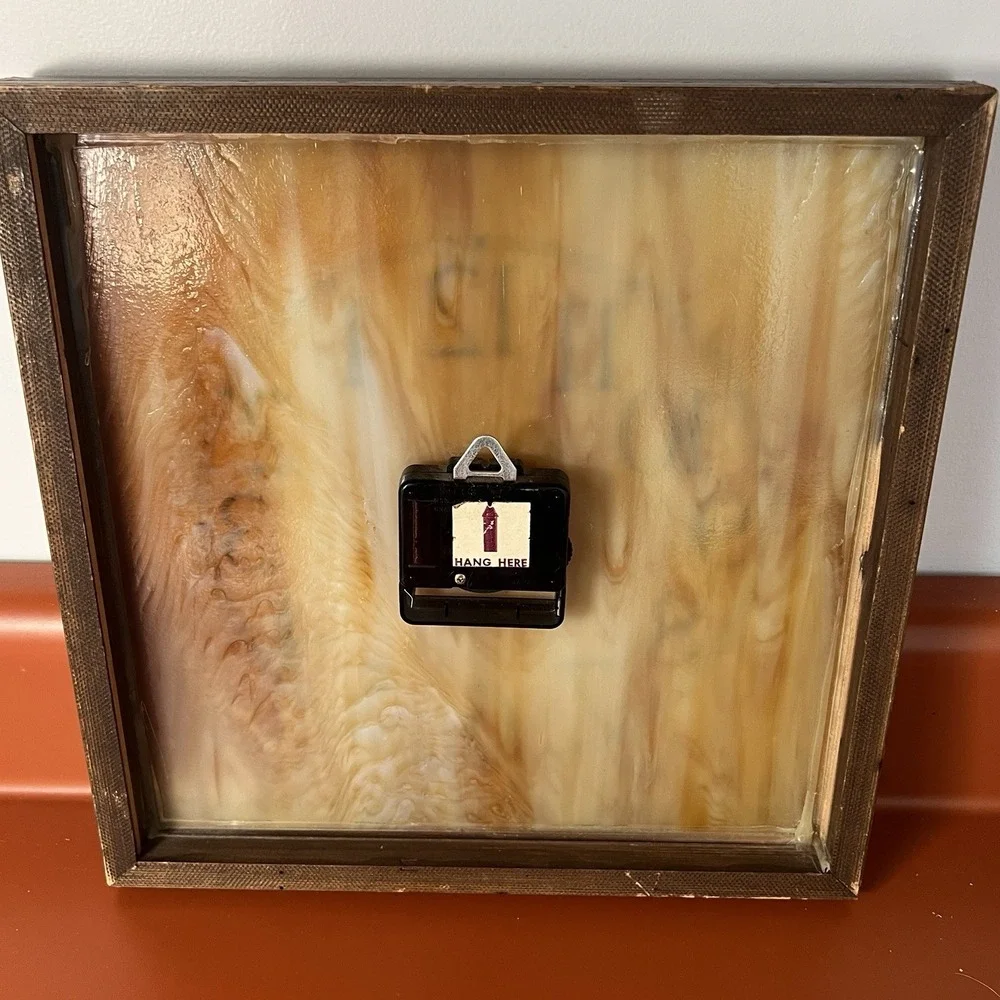 VNTG Mr. Mirror Slag Glass Mid Century‎ Square Wall Clock MCM Wood Frame Works